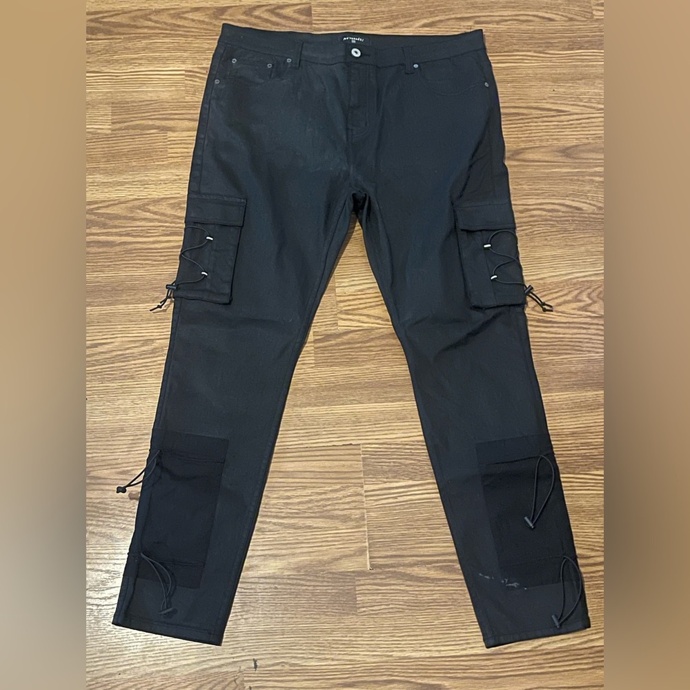 Black Cargo Pants with Slim Fit and Distressed Details